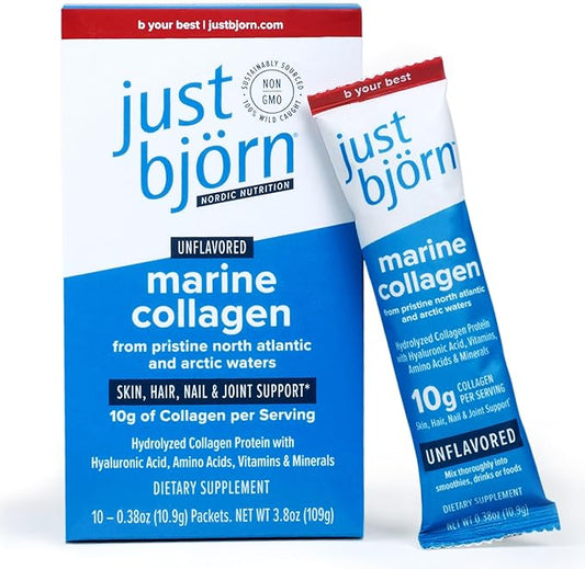 Just Bjorn Marine Collagen Peptides Powder On-The-Go Stick Packs - Collagen Powder for Women & Men - Skin, Hair, Nail & Joint Support - Hyaluronic Acid, Vitamin C, Amino Acids - Unflavored (10 Pack)