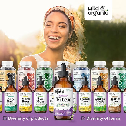Wild & Organic Vitex Tincture - Vitex Chasteberry Supplement for Women - Liquid Chaste Tree Berry Extract for Good Mood - Vegan, Sugar & Alcohol-Free Herb Drops - 4 fl oz