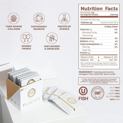Premium Marine Collagen Powder with Type I II III and IV Hydrolyzed Peptides for Women Men, Sourced from Wild Fish Certified Kosher Unflavored - 28 Stir & Go Sachets, 10g Each
