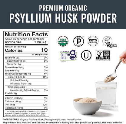Viva Naturals Organic Psyllium Husk Powder, 10 oz - Finely Ground, Unflavored Plant Based Superfood - Good Source of Fiber for Gluten-Free Baking, Juices & Smoothies - Certified Vegan, Keto and Paleo