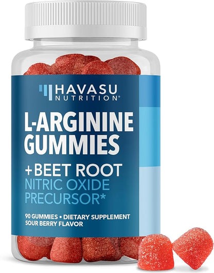 L-Arginine Gummies with L-Citrulline and Beet Root - Nitric Oxide Supplement - 90 Count - Energy, Endurance, and Recovery Support - Vegan, Non-GMO - Energizing Sour Berry Flavor, 30-Day Serving