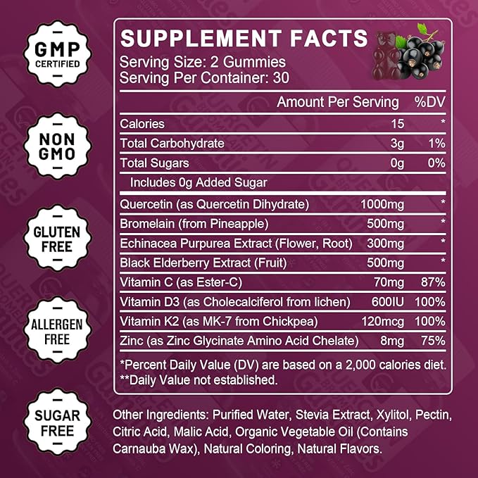 (2 Pack) Quercetin Gummies - Quercetin with Bromelain 2378mg - Blend with Elderberry, Echinacea Purpurea Extract, Zinc, Vitamin C,D3,K2, Complex Supports Immune, Cardiovascular & Respiratory Function