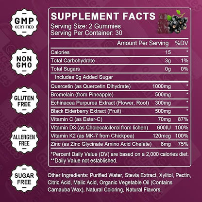 (2 Pack) Quercetin Gummies - Quercetin with Bromelain 2378mg - Blend with Elderberry, Echinacea Purpurea Extract, Zinc, Vitamin C,D3,K2, Complex Supports Immune, Cardiovascular & Respiratory Function