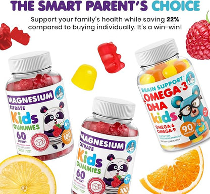 DR. MORITZ Calm Magnesium Gummies for Kids (60 Count, 2 Pack) and Kids Omega 3 Gummies (90 Count) Bundle - Low Sugar, Vegetarian, No Fish Oil
