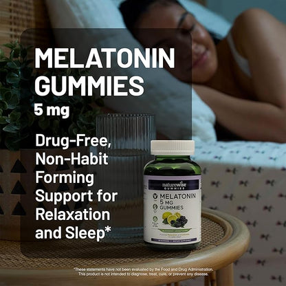 NatureWise Melatonin Gummies 5mg - Non-Habit Forming Sleep Support Supplement with Ashwagandha, Valerian Root - BlackBerry-Lemon Flavor - Vegan, Gluten Free, Non-GMO - 90 Count[45-Day Supply]