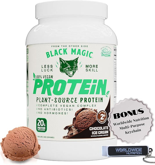 Worldwide Nutrition Bundle:Black Magic Multi-Source Protein Whey, Egg & Casein Complex with Enzymes & MCT Powder Pre Workout & Post Workout Vegan Choco Ice Cream 24g Protein 2LB & Key Chain