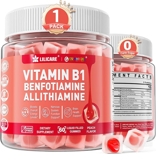 Vitamin B1 Gummies with Benfotiamine 300mg, Allithiamine, Thiamine, Vitamin B Complex & Inositol, Methylated B1, B2, B6 Multivitamins, L-methylfolate, Methyl B12 for Nerve Energy Overall Health, 60Cts