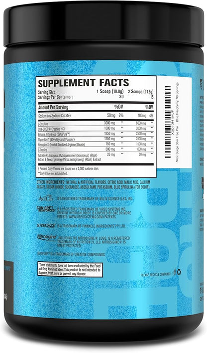 Jacked Factory Nitric Surge Stim Free Pre Workout Powder - Caffeine-Free Nitric Oxide Supplement w/Con-Cret Creatine, L Citrulline, & GlycerSize Glycerol - Blue Raspberry, 30 Servings