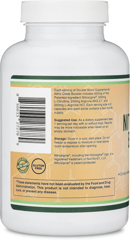 Nitric Oxide Supplement (Stim Free Pre Workout) - Nitric Oxide Booster with Nitrosigine, L Arginine, and L Citrulline (Clinically Studied to Boost No2 Nitric Oxide Flow) 180 Capsules by Double Wood
