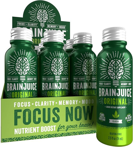 BrainJuice Brain Support Shot, Gluten Free Supplement Shots for Energy & Focus, Healthy Drinks with Alpha GPC, Vitamin B & Organic Green Tea Extract Caffeine, Classic, 2.5 fl oz, 12 Pack