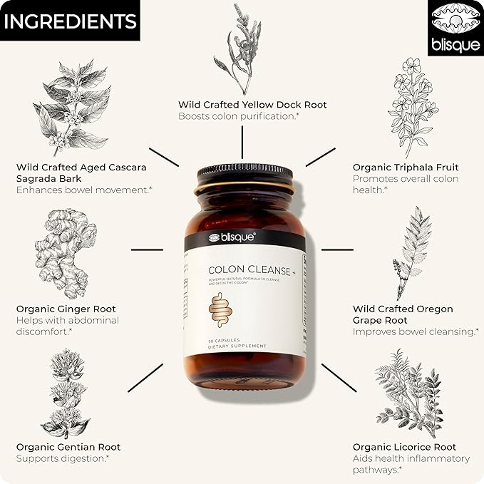 Blisque - Natural Colon Cleanse Supplement for Detox, Constipation Relief, Stool Softener, and Digestive Health | with Aged Cascara Sagrada Bark | 90 Capsules | Vegan and Non-GMO