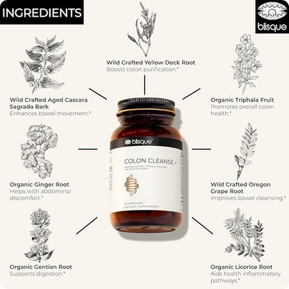 Blisque - Natural Colon Cleanse Supplement for Detox, Constipation Relief, Stool Softener, and Digestive Health | with Aged Cascara Sagrada Bark | 90 Capsules | Vegan and Non-GMO
