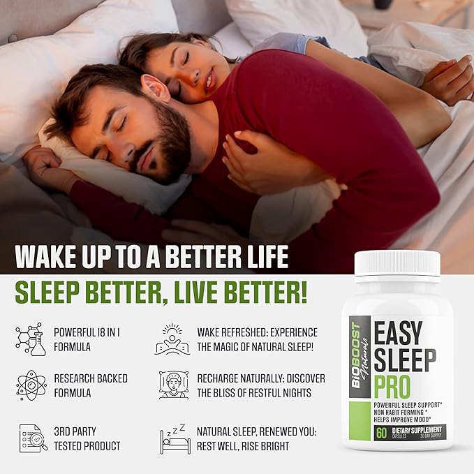 Easy Sleep Pro for Adults - NEW Non-Habit Forming Sleep Aid for Adults | Mood, Sleep, Restfulness Support | 18 Research Backed Ingredients | Melatonin, Magnesium, GABA, Ashwagandha & More - 60 Caps