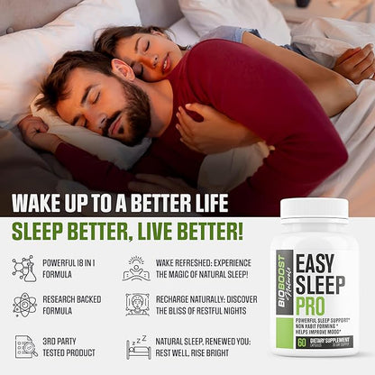 Easy Sleep Pro for Adults - NEW Non-Habit Forming Sleep Aid for Adults | Mood, Sleep, Restfulness Support | 18 Research Backed Ingredients | Melatonin, Magnesium, GABA, Ashwagandha & More - 60 Caps