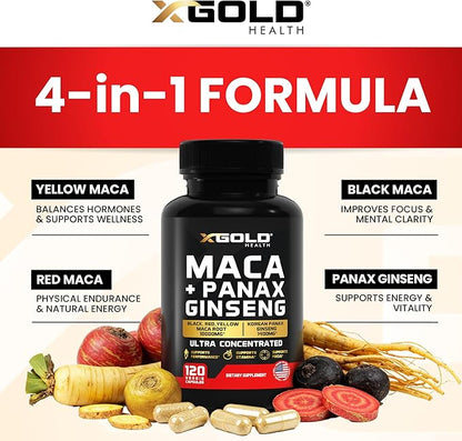 Maca Root Capsules 10,000mg + Korean Panax Ginseng 1,400mg - 20x Concentrated Extract Black + Red + Yellow Maca Root, 10x Concentrated Extract Panax Ginseng Capsules - Ultra Potent & Highly Purified