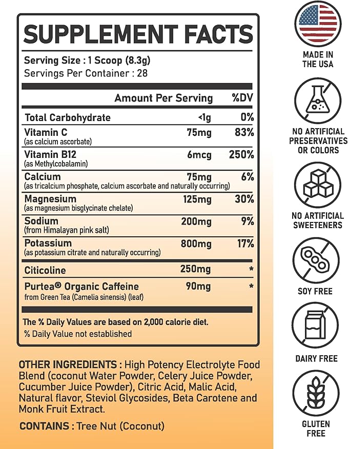 Focus+ Orange Nootropic Electrolyte: Hydration & Brain Support for Cognitive Enhancement, Memory, Concentration - Citicoline, Organic Caffeine, Methyl B12 - Made in USA