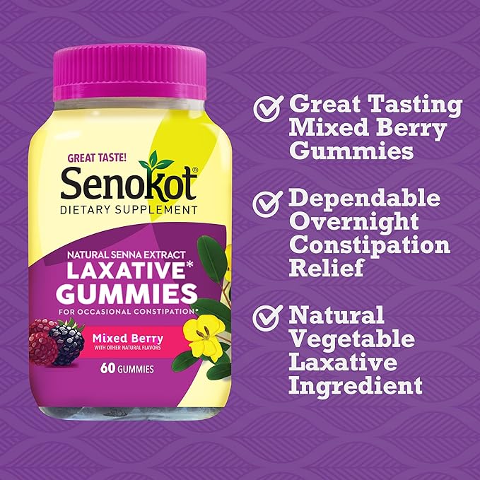 Senokot Dietary Supplement Laxative Gummies, Natural Senna Extract, Gentle, Overnight Relief from Occasional Constipation, Mixed Berry Flavor, 90 Count