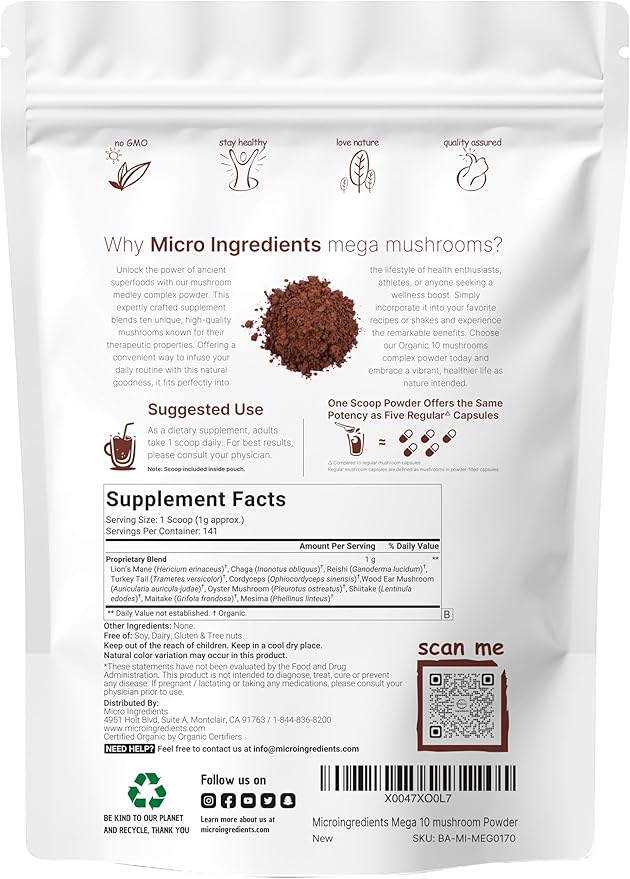 Micro Ingredients Organic Mega Mushroom 10 in 1 Complex Formula Powder for Immune System Booster, 5 Ounce (141 Days Supply), Chaga, Lions Mane, Cordyceps, Shiitake, & More | Filler Free, Vegan