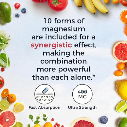 Vitalitown 10 in 1 Magnesium Complex Supplement - 400mg Elemental Magnesium Chelated with Glycinate, Citrate, Malate, Taurate & More - for Sleep Muscle Heart Energy - Non-GMO, Vegan, 90 Caps