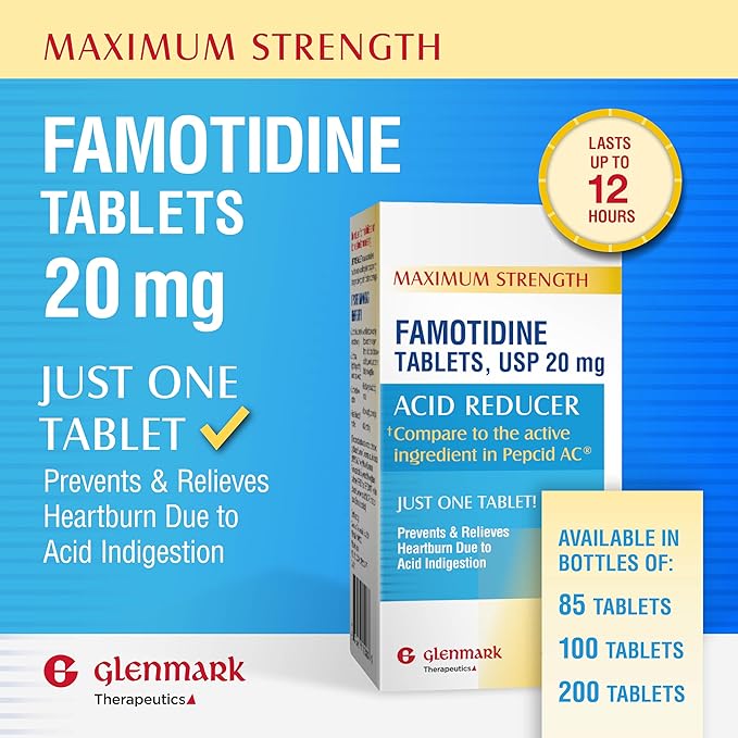 Glenmark Maximum Strength Famotidine Tablets, 20 mg, Acid Reducer for Heartburn Relief, 200 Count