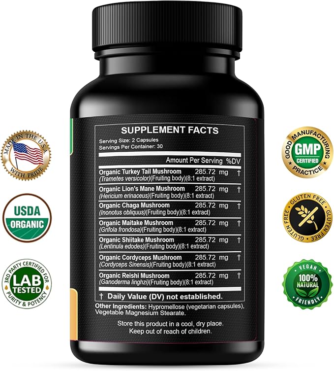 Organic Mushroom Supplement Extracts of Lions Mane Cordyceps Chaga Reishi Turkey Tail Maitake Shiitake Capsules - Natural Vitamins Minerals Antioxidants Supplement - Made in The USA