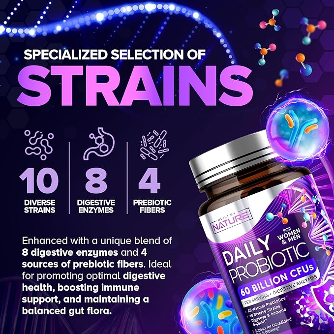 Built by Nature Probiotic for Women & Men – 60 Billion CFU, 10 Strains + Prebiotics & Digestive Enzymes – Supports Digestive, Immune, Reduce Gas & Bloating – Shelf Stable, Non-GMO - 60 Capsules