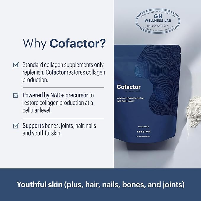 ELYSIUM Cofactor – 4-in-1 Collagen Peptides Powder w/NAD+, Hyaluronic Acid & Vitamin C for Skin, Hair, Nails, Joints & Cellular Health, Collagen Supplements for Men & Women – Unflavored, 28 Servings