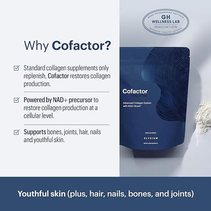 ELYSIUM Cofactor – 4-in-1 Collagen Peptides Powder w/NAD+, Hyaluronic Acid & Vitamin C for Skin, Hair, Nails, Joints & Cellular Health, Collagen Supplements for Men & Women – Unflavored, 28 Servings