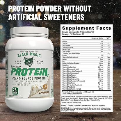 Worldwide Nutrition Bundle Compatible with Black Magic Multi-Source Protein Powder - Vegan Caramel Macchiato | High Protein Powder, Low Carb, Low Sugar | Whey, Egg & Casein Blend - 2 LB with Keychain