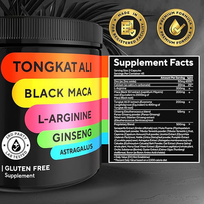 Tongkat Ali for Men 20 in 1 with Astragalus - USA Made Mens Supplement Complex with Black Maca Root, L-Arginine, Ginseng, Calcium, Astragalus for Normal Strength & Endurance Support - 90 Caps