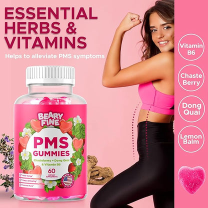 PMS Gummies - PMS Vitamins for Women & Teens - PMS Period Relief - Cramping, Bloating, Mood Swings - Made in The USA (Strawberry, 60 Count)
