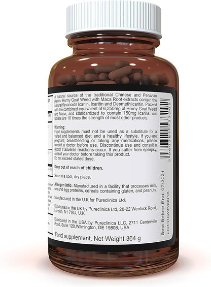 pureclinica 10X Horny Goat Weed Extract (3750mg) Maca Extract (2500mg) x 1080 Tablets (6 Bottles of 180) -10 X More Icariins and Maca