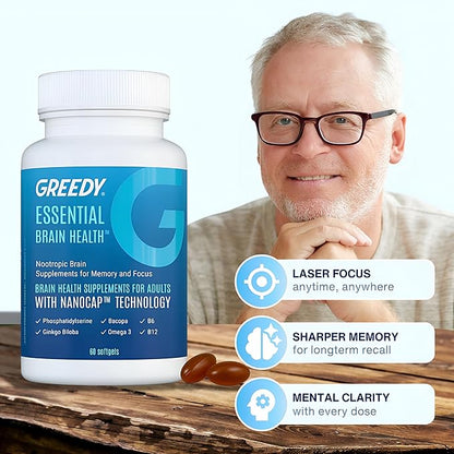 Nootropic Brain Supplements for Memory and Focus – Brain Health Supplements for Adults with NanoCap® Technology, Phosphatidylserine, Bacopa, Ginkgo Biloba, Omega 3, B6 B12, 60 Softgels by Greedy®