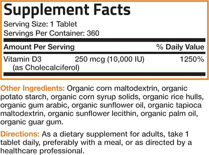 Bronson Vitamin D3 10,000 IU (250 mcg) Certified Organic High Potency Non-GMO Vitamin D Supplement, 360 Tablets
