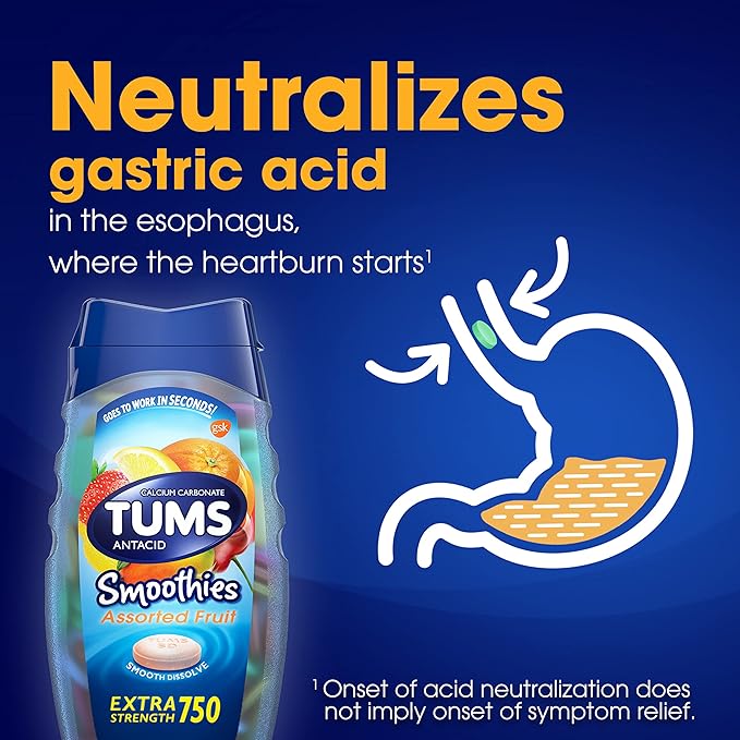 TUMS Smoothies Extra Strength Antacid Chewable Tablets for Heartburn Relief, Assorted Fruit - 12 Count