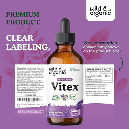 Wild & Organic Vitex Tincture - Vitex Chasteberry Supplement for Women - Liquid Chaste Tree Berry Extract for Good Mood - Vegan, Sugar & Alcohol-Free Herb Drops - 4 fl oz