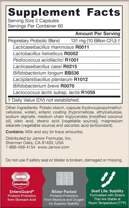 Jarrow Formulas Probiotics 10 Billion CFU - Probiotic Supplement Capsules for Gut Health for Women and Men, 120 Veggie Capsules, Up to 60 Days
