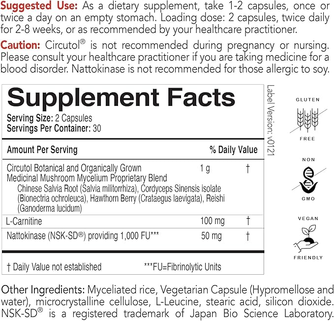 EcoNugenics Circutol Blood Pressure Supplement for Heart Support with Nattokinase, Hawthorn Extract, L-Carnitine, Salvia Root, Reishi, and Cordyceps Mushrooms - 60 Capsules