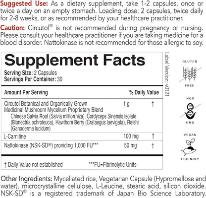 EcoNugenics Circutol Blood Pressure Supplement for Heart Support with Nattokinase, Hawthorn Extract, L-Carnitine, Salvia Root, Reishi, and Cordyceps Mushrooms - 60 Capsules