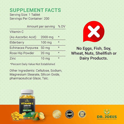 Dr. JOEL'S Immune Support Vitamin C 2000 mg - 200 Tablets - with Zinc, Elderberry, Rose Hip, Echinacea - Boosts Immune System- Made in USA