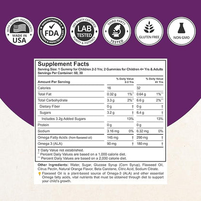 NuBest Omega 3 Gummies for Kids & Teens with Flaxseed Oil | Supports Brain Growth, Mental Clarity, Focus, and Eye Health | No Added Sugar | Delicious Orange Flavor | 60 Premium Vegan Gummies