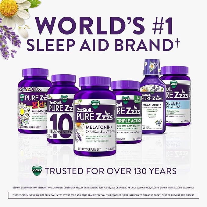 ZzzQuil PURE Zzzs Triple Action, Melatonin Gummies, Melatonin 6mg, 3X Melatonin, Sleep Aid with Ashwagandha, Calm Mood, Antioxidant Action, Sleep Aids for Adults, 60 Sleep Gummies