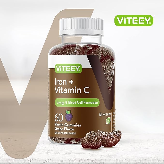 Viteey Iron Gummies 20mg + Vitamin C 26mg for Iron Deficiency and Anemia, Supports Energy, Blood Cell Formulation, Blood Builder, Vegan Supplements, Gelatin and GMO Free, Chewable Grape Gummy Chews