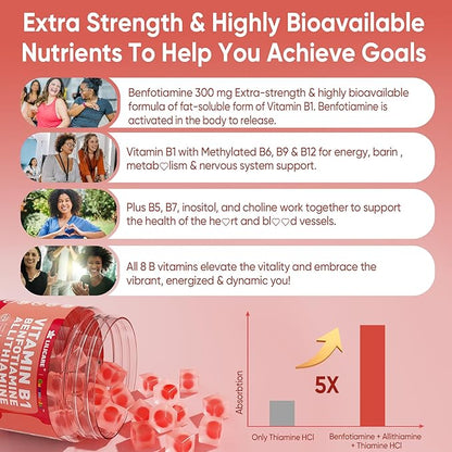 Vitamin B1 Gummies with Benfotiamine 300mg, Allithiamine, Thiamine, Vitamin B Complex & Inositol, Methylated B1, B2, B6 Multivitamins, L-methylfolate, Methyl B12 for Nerve Energy Overall Health,120Cts