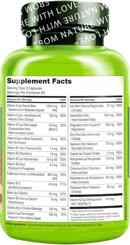 NATURELO Prenatal Multivitamin with Gentle Chelated Iron, Methyl Folate, Plant Calcium & Choline - Vegan, Vegetarian - Non-GMO - Gluten Free - 180 Capsules - 2 Month Supply