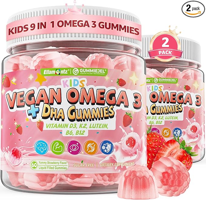 Omega 3 Gummies for Kids 4+, with DHA, Vitamin D3 K2, C, B6 B12, Luetin & Omega 3 6 9, No Fish Taste, Sugar Free Kids Vitamins Gummies, for Brain Bone Eyes Focus Immunity, Fish Oil Alternative, 120Cts