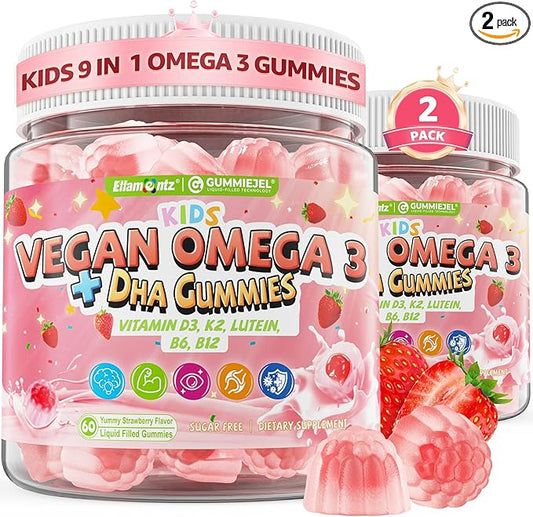 Omega 3 Gummies for Kids 4+, with DHA, Vitamin D3 K2, C, B6 B12, Luetin & Omega 3 6 9, No Fish Taste, Sugar Free Kids Vitamins Gummies, for Brain Bone Eyes Focus Immunity, Fish Oil Alternative, 120Cts