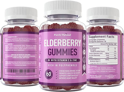 Purely Optimal Elderberry Gummies - Immune Support Supplement with Vitamin C & Zinc, Organic Black Elderberry Extract, Vegan, Non-GMO, Gluten-Free, 60 Count