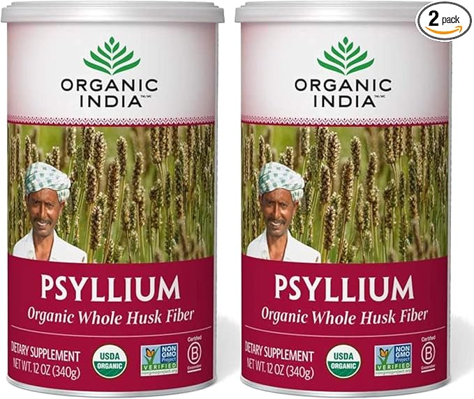 Organic India Whole Psyllium Husk Powder Organic - Psyllium Husk Fiber Supplement, Digestion Support, Vegan, Gluten-Free, Non-GMO, Soluble & Insoluble Fiber Source - 12 oz (Pack of 2)
