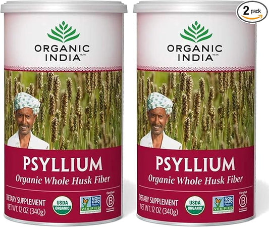 Organic India Whole Psyllium Husk Powder Organic - Psyllium Husk Fiber Supplement, Digestion Support, Vegan, Gluten-Free, Non-GMO, Soluble & Insoluble Fiber Source - 12 oz (Pack of 2)